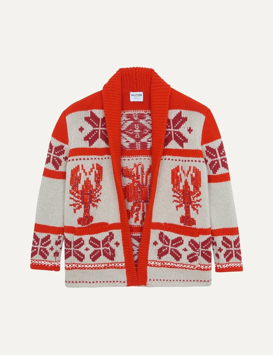 Kujten women Cody Homard Orange Rosso cashmere cardigan with lobster embroidery and jacquard pattern
