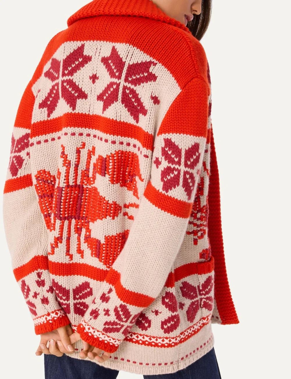Kujten women Cody Homard Orange Rosso cashmere cardigan with lobster embroidery and jacquard pattern back