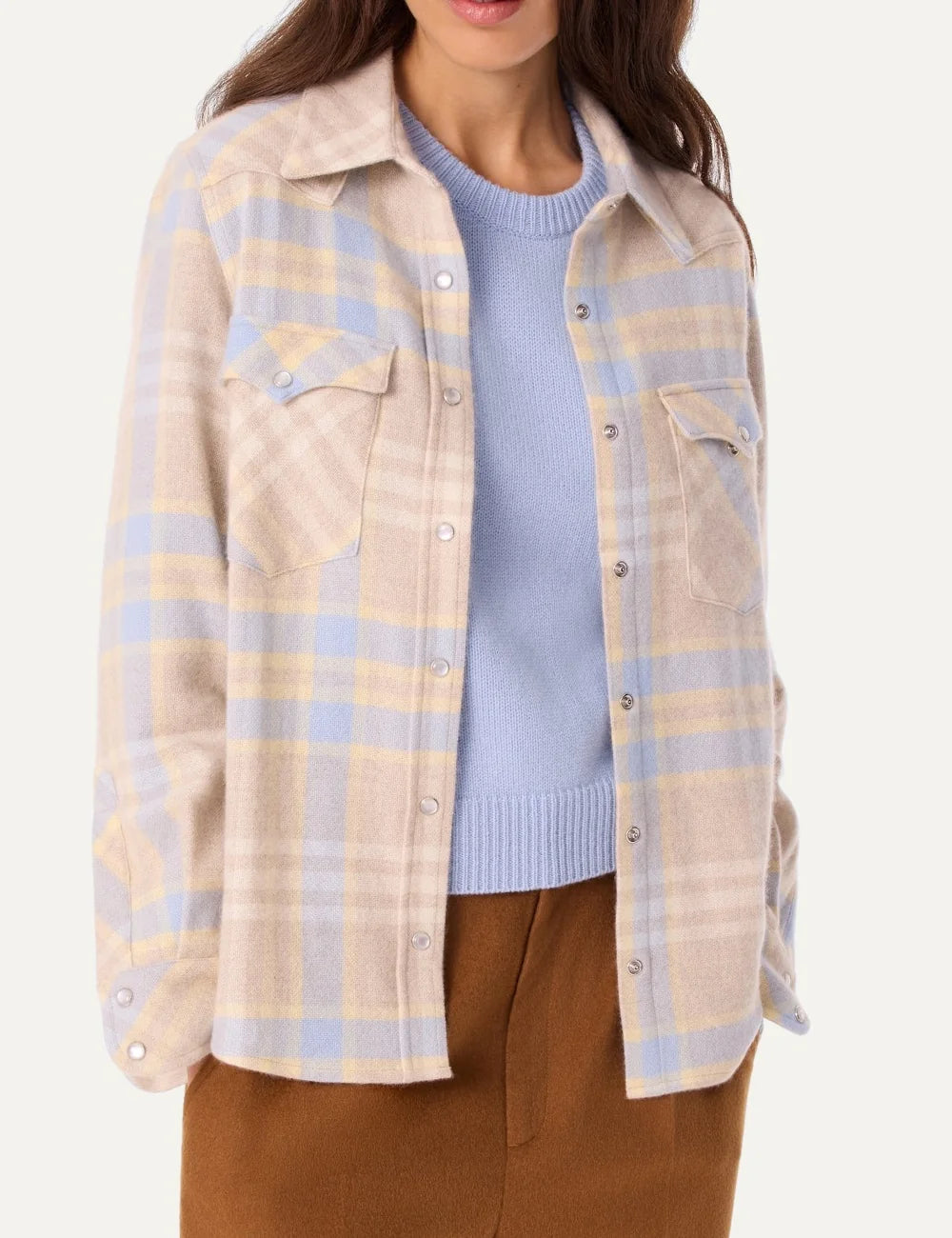 Kujten women Lumber Celeste Anise cashmere overshirt with beige blue and yellow check pattern