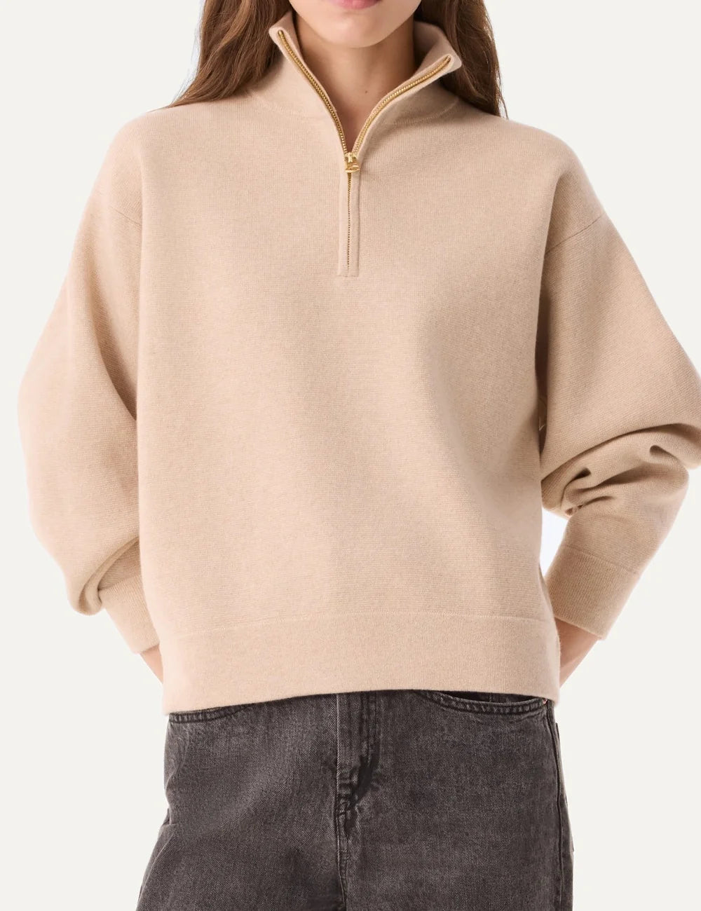 Kujten women Mandi Organic beige cashmere half-zip sweater with high collar model