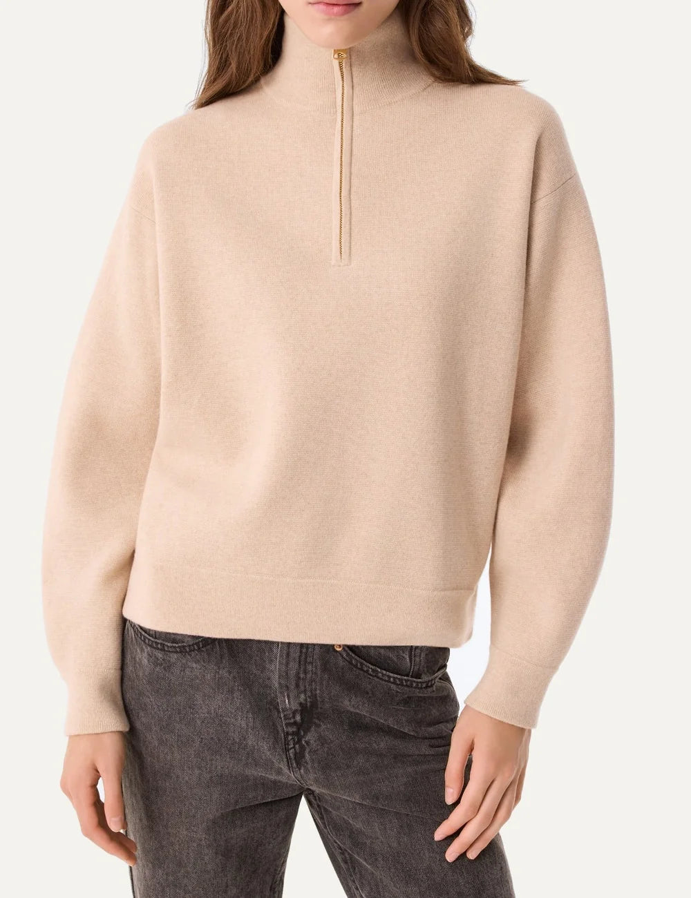 Kujten women Mandi Organic beige cashmere half-zip sweater with high collar