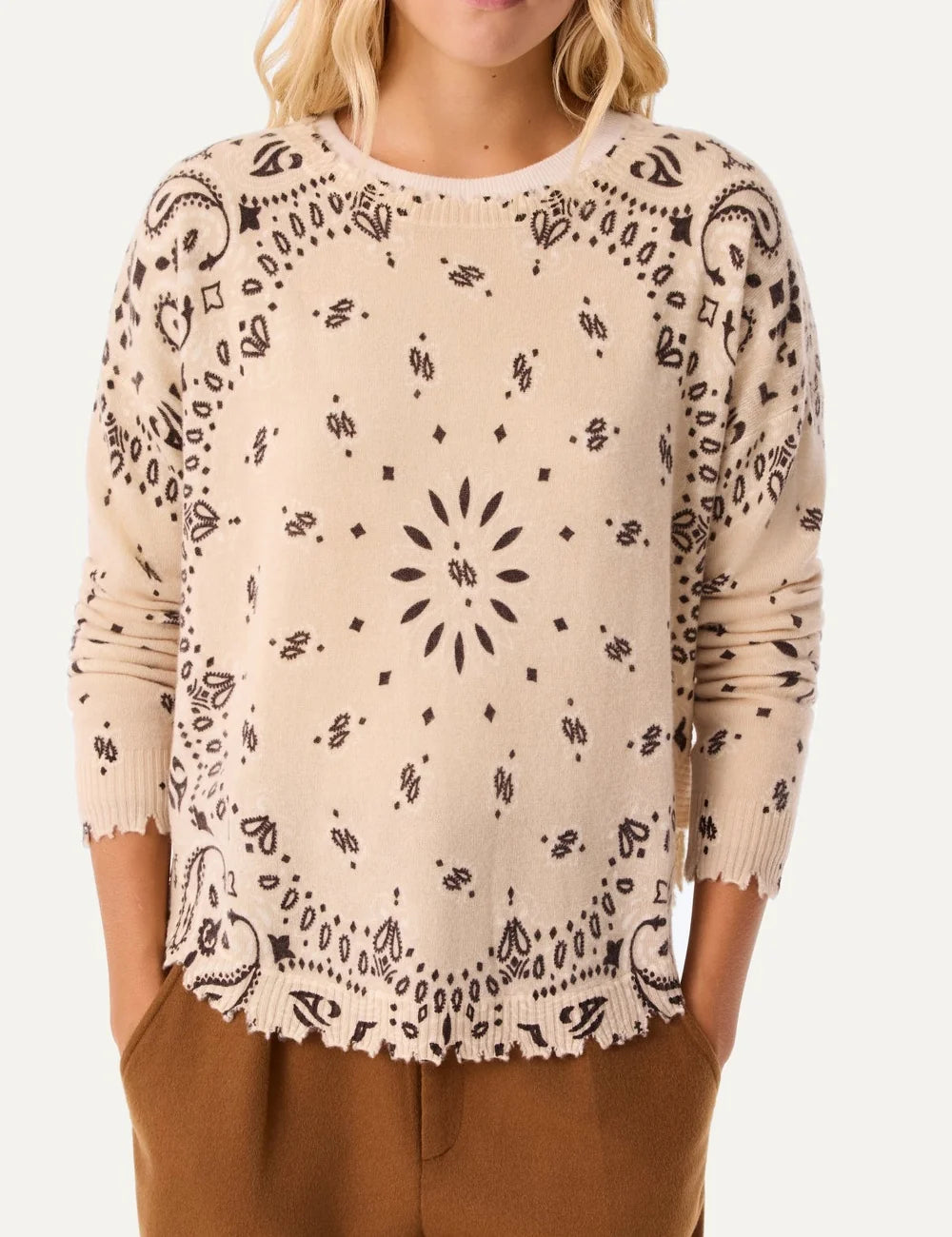 Kujten women Mela Bandana Bico beige and brown cashmere sweater with bandana print