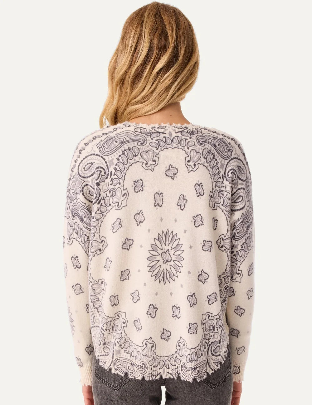 Kujten women Mela Bandana Bico white and grey cashmere sweater with bandana print back