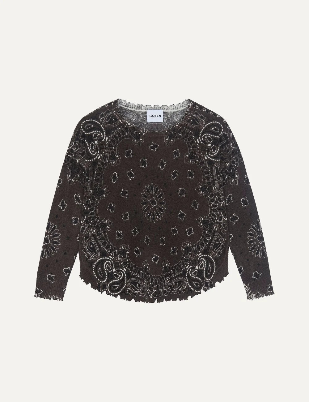 Kujten women Mela Bandana dark brown cashmere sweater with ecru bandana print