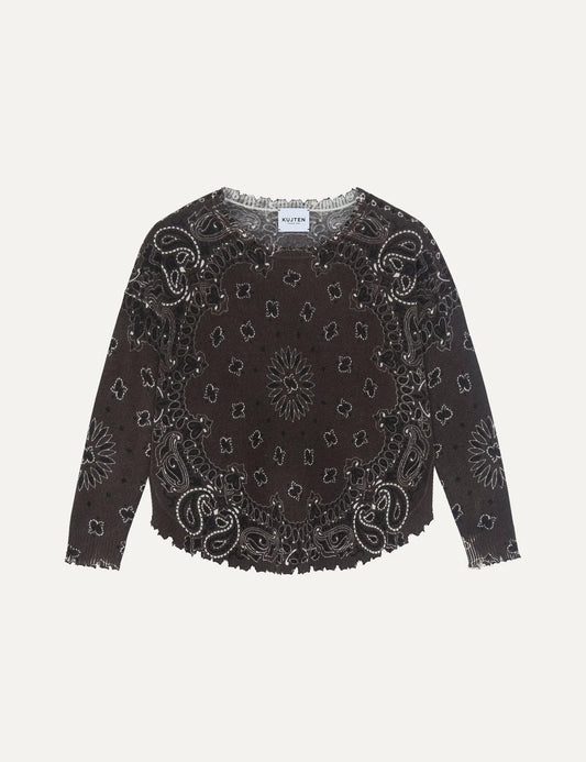 Kujten women Mela Bandana dark brown cashmere sweater with ecru bandana print
