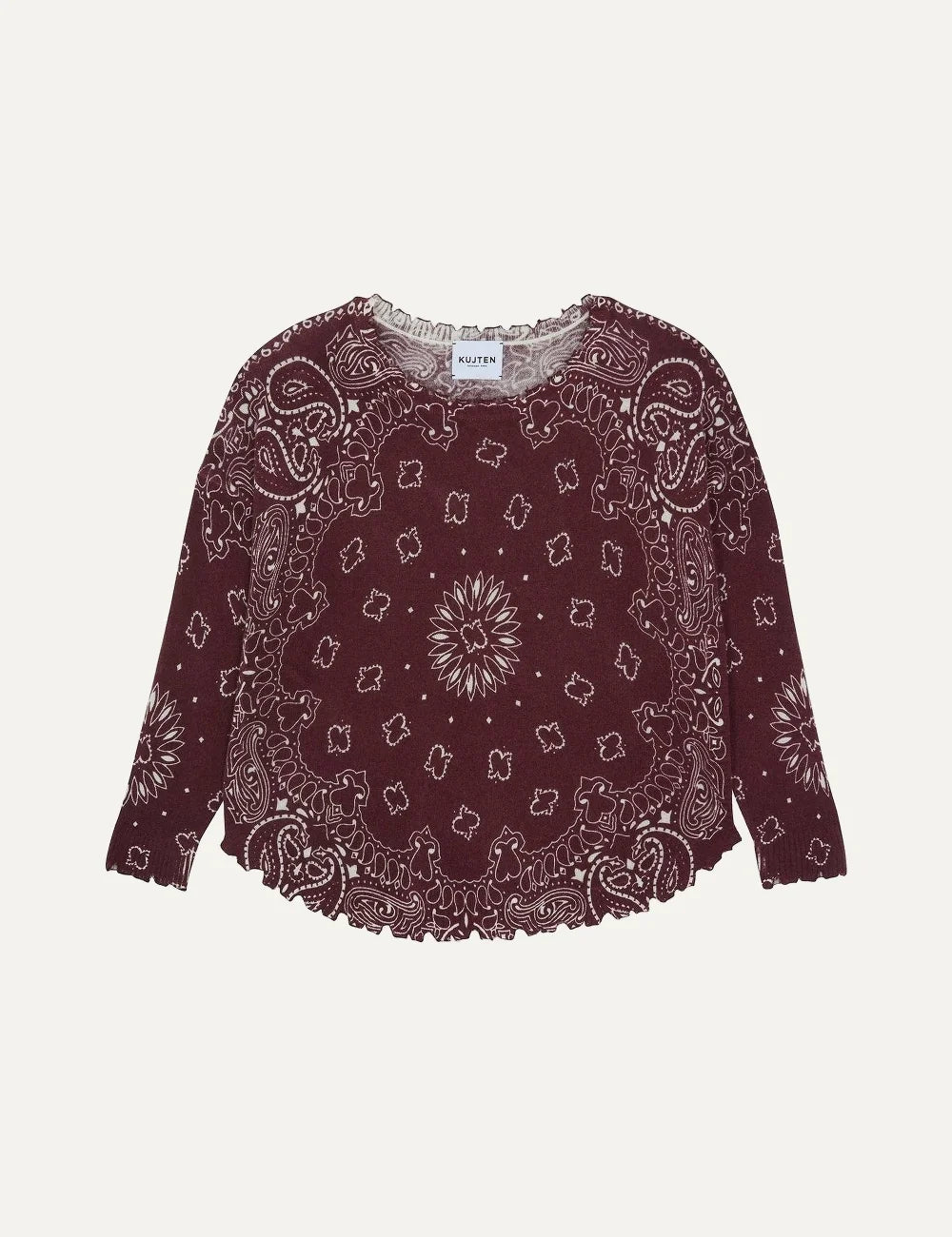 Kujten women Mela Bandana burgundy cashmere sweater with ecru bandana print
