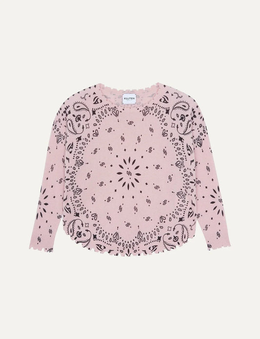 Kujten women Mela Bandana Milano Blush pink cashmere sweater with black bandana print