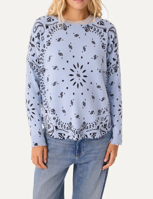Kujten women Mela Bandana Celestial blue cashmere sweater with black bandana print