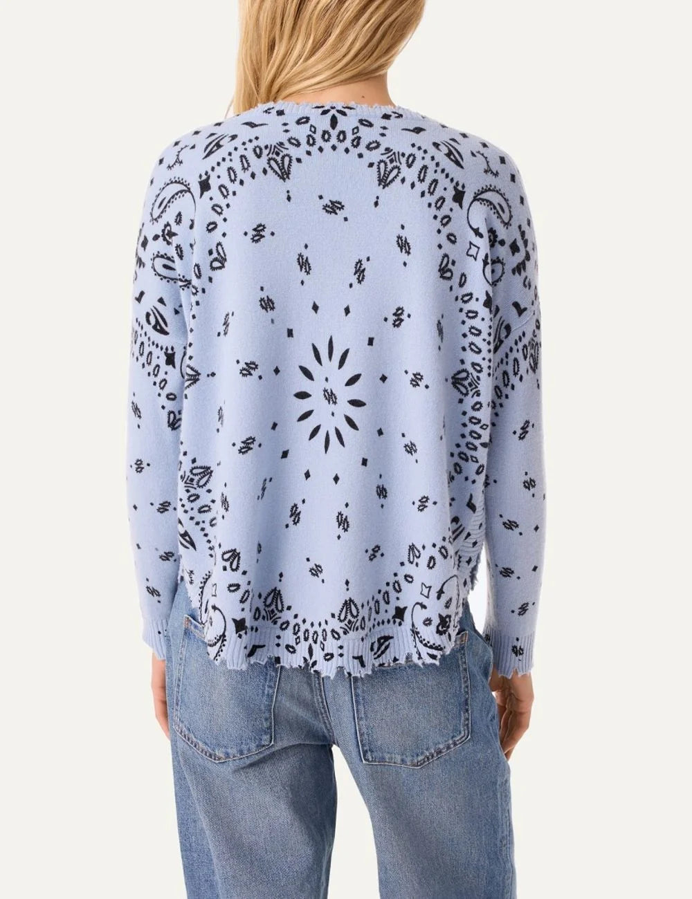 Kujten women Mela Bandana Celestial blue cashmere sweater with black bandana print back