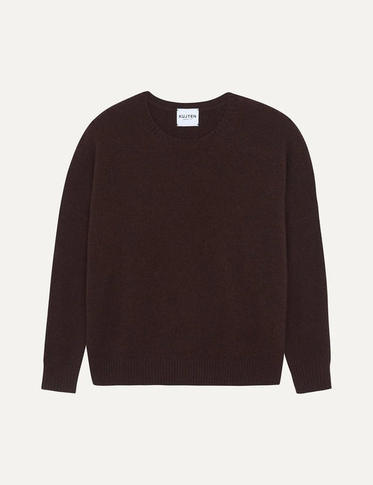 Kujten women Romelie Espresso dark brown cashmere crew neck sweater with raglan sleeves
