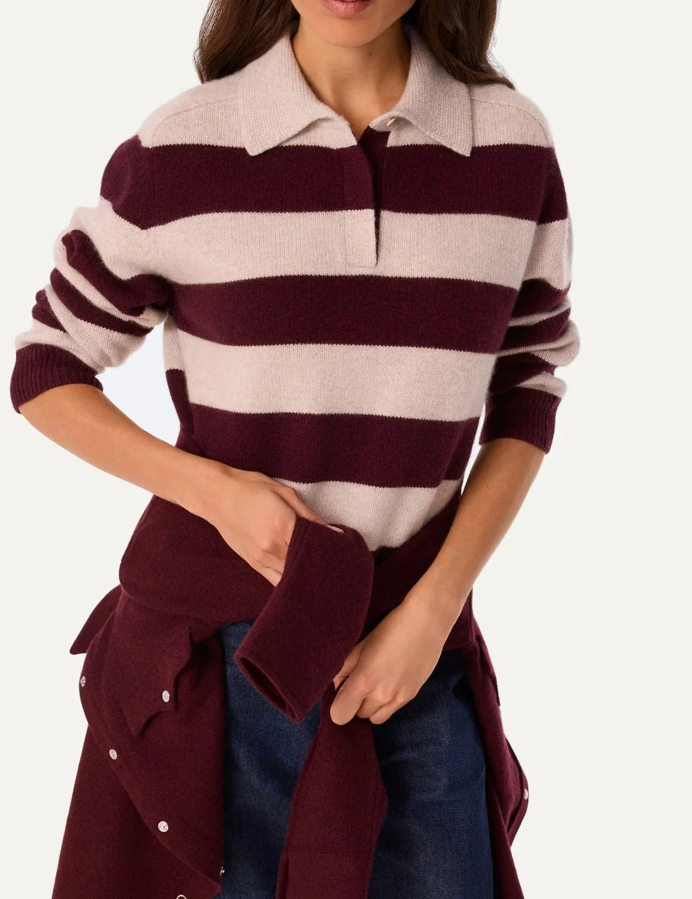Kujten women Royce Stripe burgundy and oat cashmere polo sweater with striped design and cropped fit model