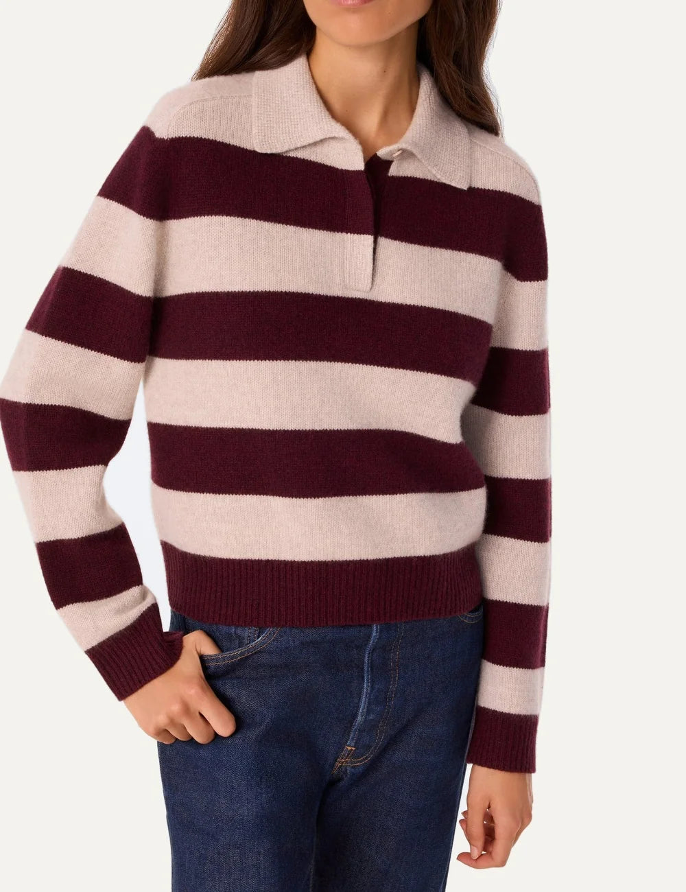 Kujten women Royce Stripe burgundy and oat cashmere polo sweater with striped design and cropped fit