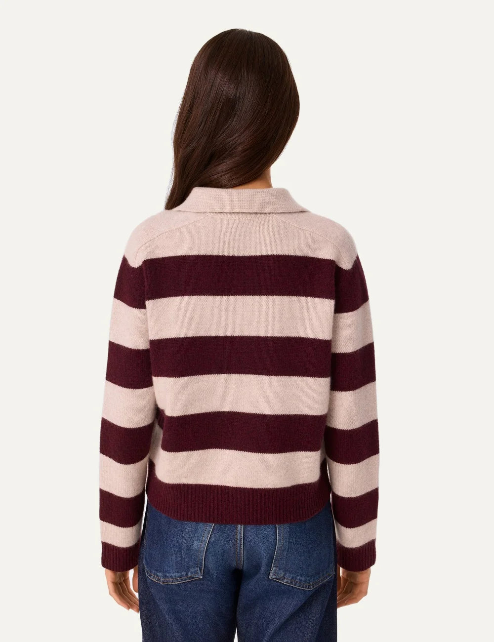 Kujten women Royce Stripe burgundy and oat cashmere polo sweater with striped design and cropped fit back