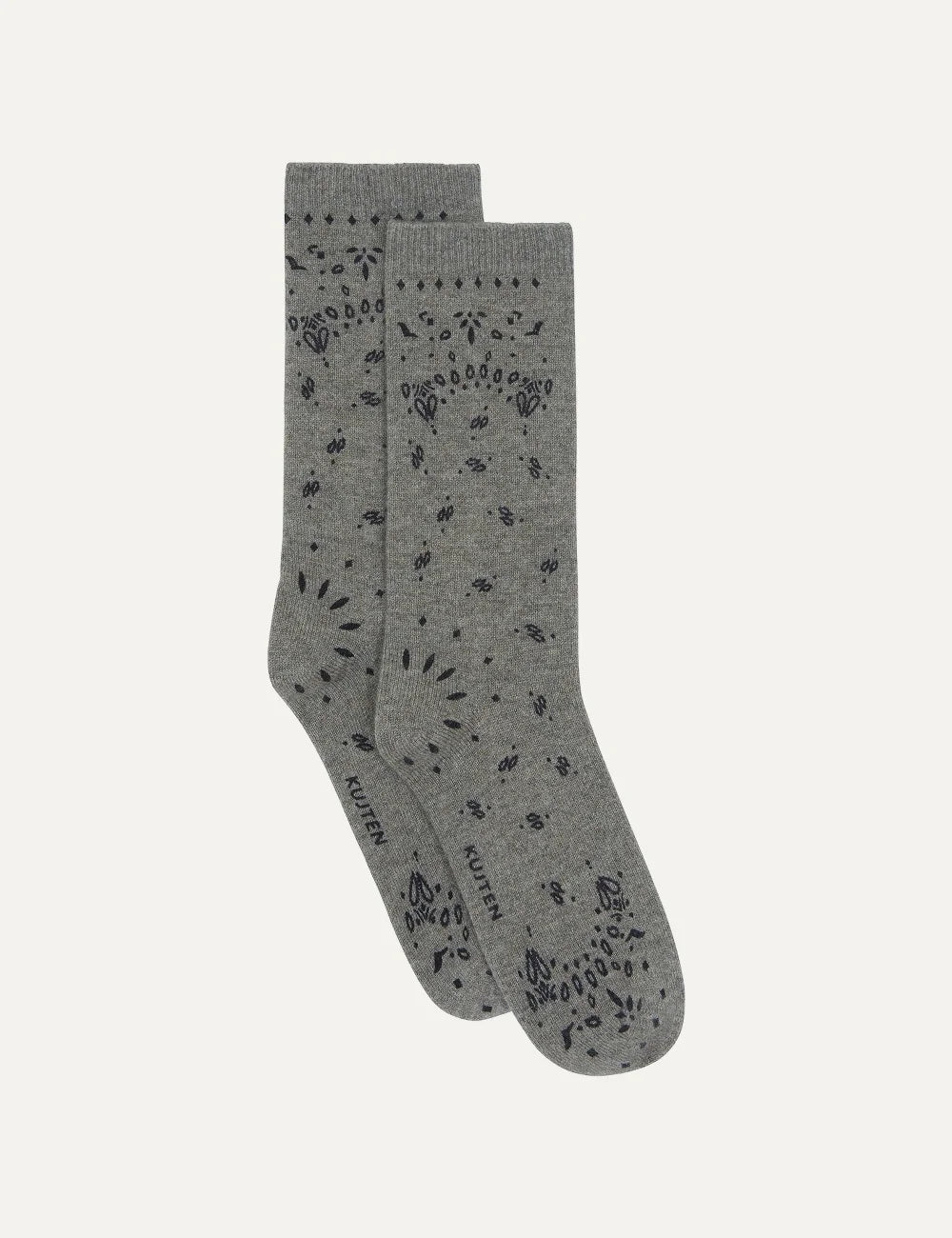 Kujten women Sig Bandana khaki melange cashmere socks with dark bandana print