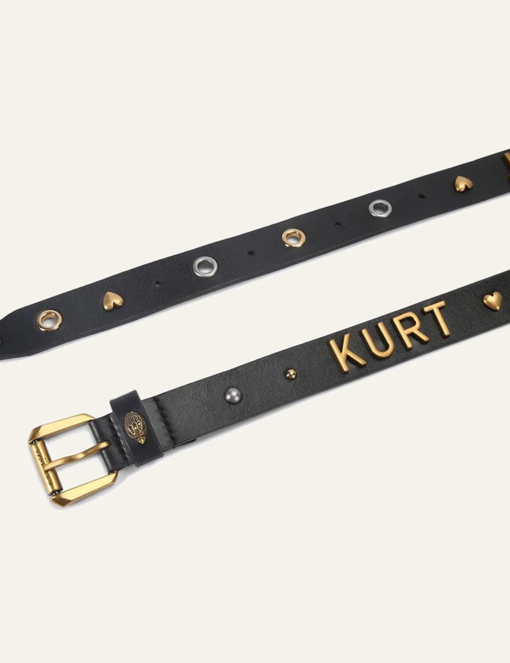 Kurt Geiger leather belt black me metal hearts studs kai logo lettering
