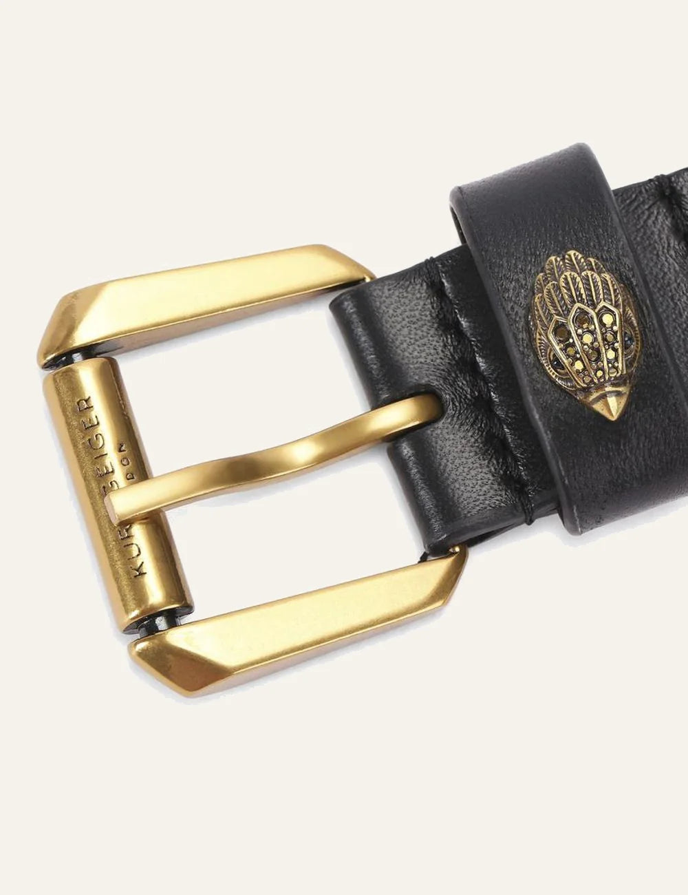 Kurt Geiger belt black leather me gold buckle kai eagle charm detail