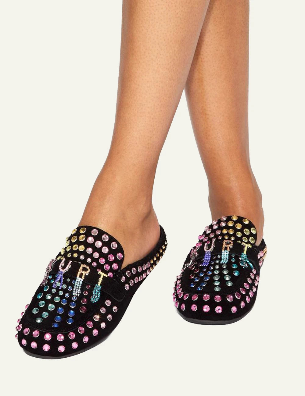 KURT_GEIGER_Crystal_Slipper_Black_Mules_On_Model