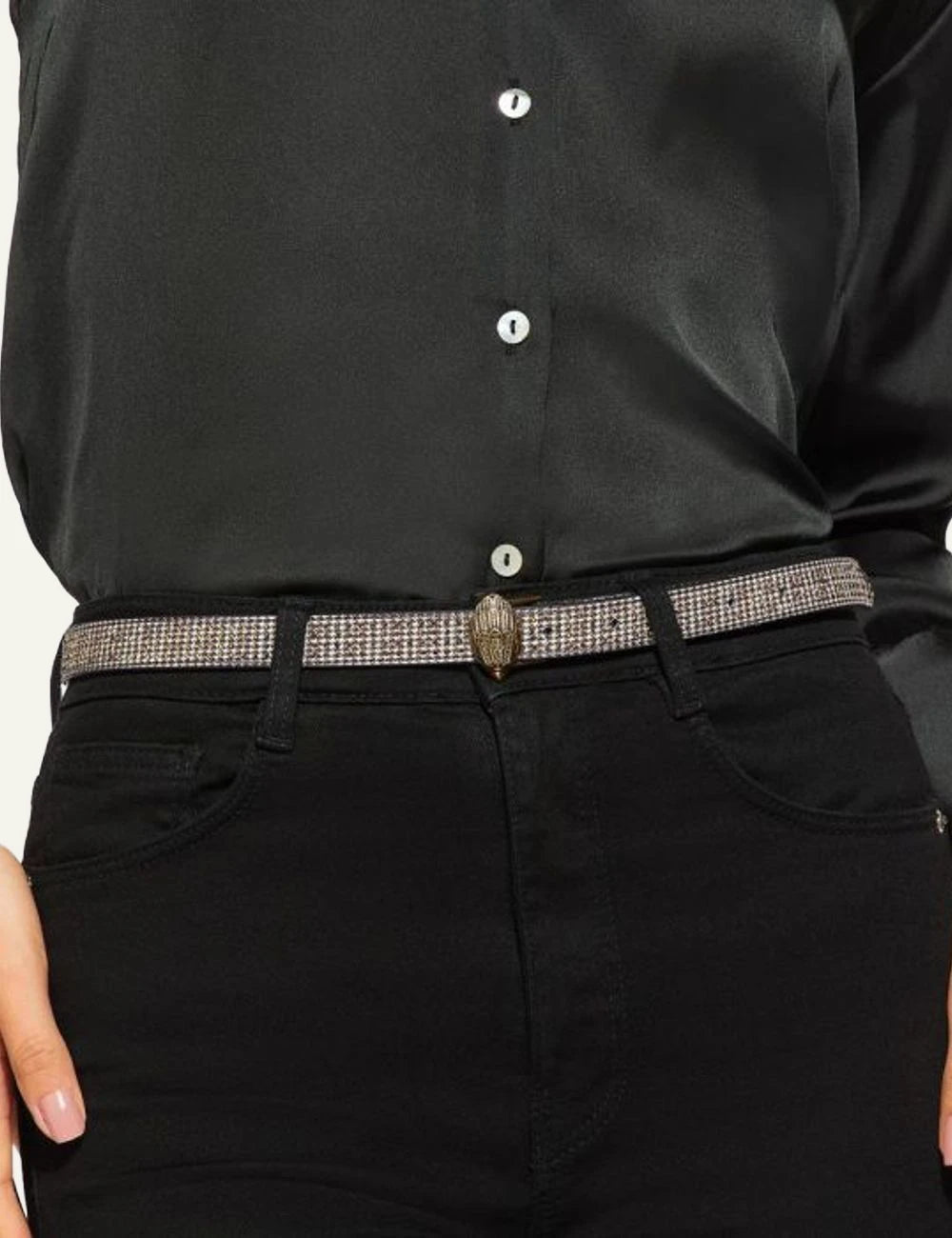 Kurt Geiger slim check embellished belt with gold eagle buckle model