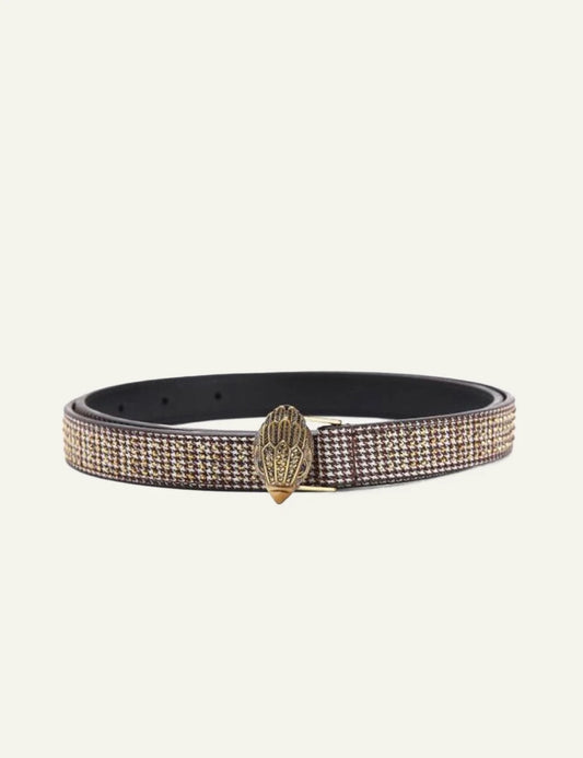 Kurt Geiger slim check embellished belt with gold eagle buckle
