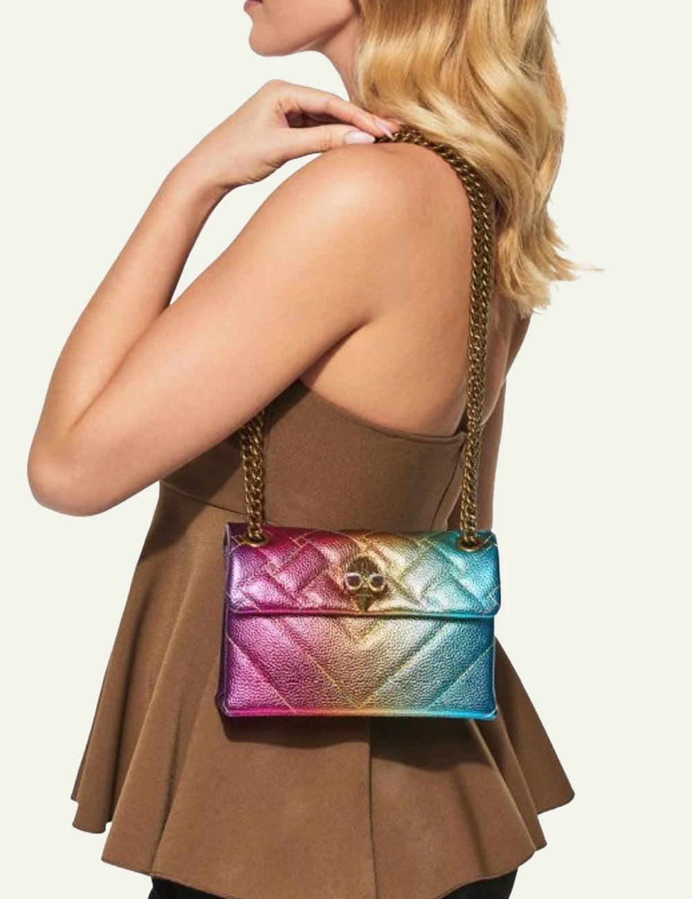 Kurt Geiger mini kensington bag ombre metallic leather rainbow quilted front model