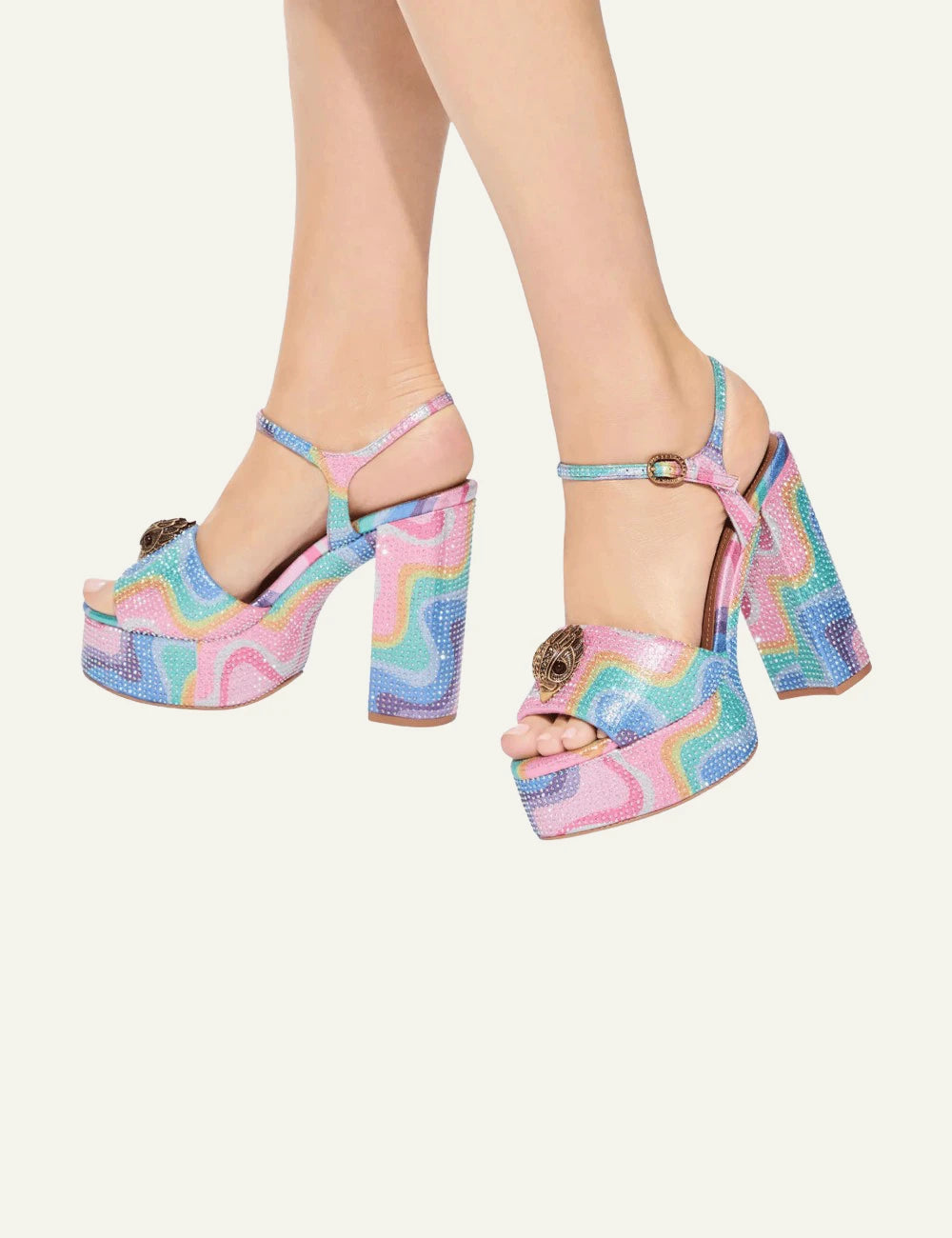 Kurt Geiger London Kensington platform heels pastel rainbow crystals ankle strap side model view