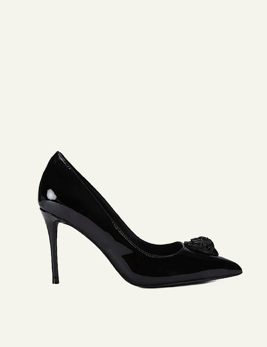 Kurt Geiger Belgravia Eagle Court black patent leather pumps with eagle embellishment