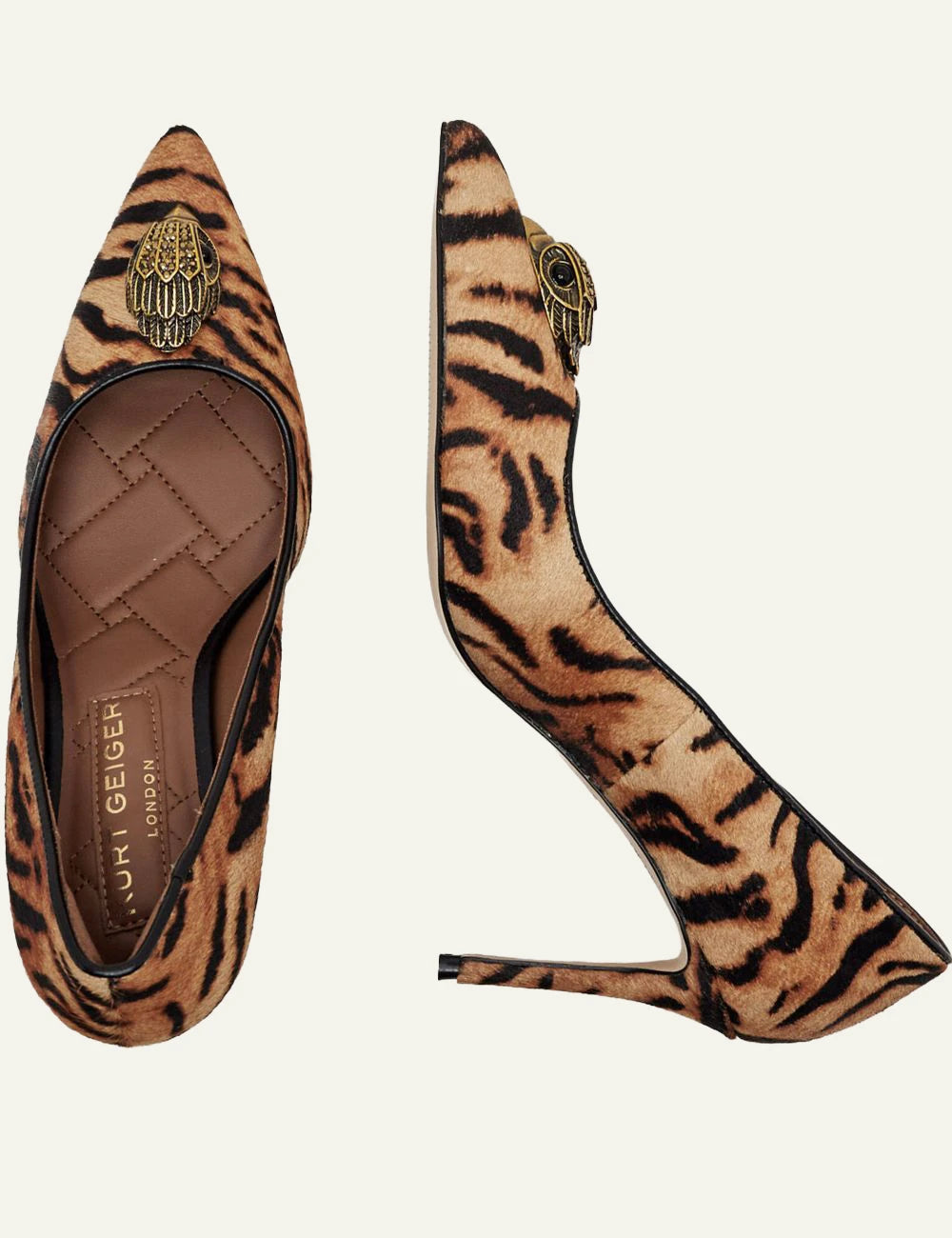 Kurt Geiger Belgravia Eagle Court leopard print leather pumps with eagle embellishment side