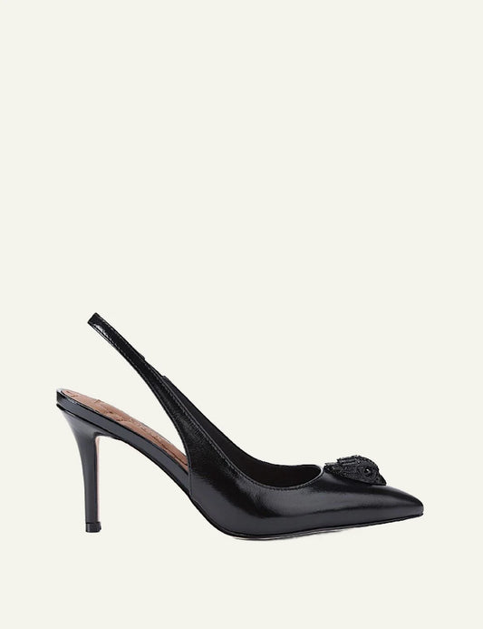 Kurt Geiger Belgravia High Sling black patent leather slingback pumps with eagle embellishment