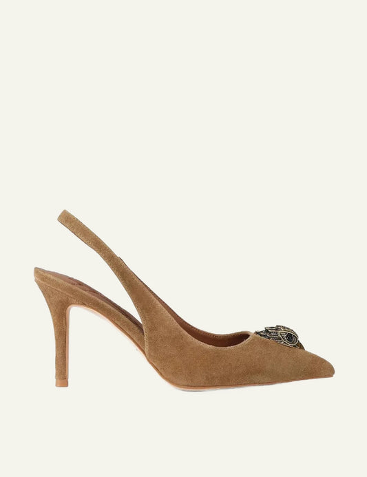 Kurt Geiger Belgravia Sling 85 tan suede slingback pumps with eagle embellishment