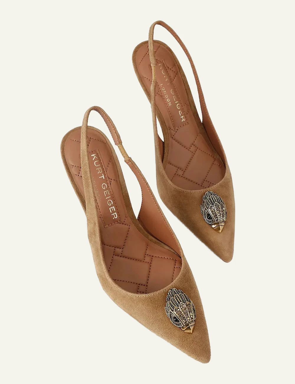 Kurt Geiger Belgravia Sling 85 tan suede slingback pumps with eagle embellishment top