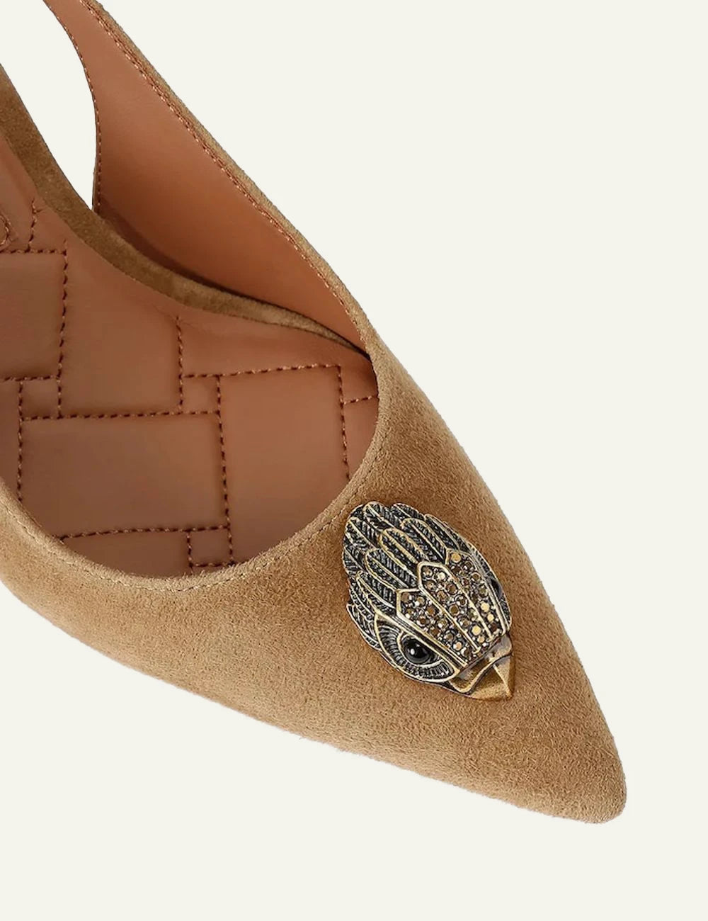 Kurt Geiger Belgravia Sling 85 tan suede slingback pumps with eagle embellishment angled