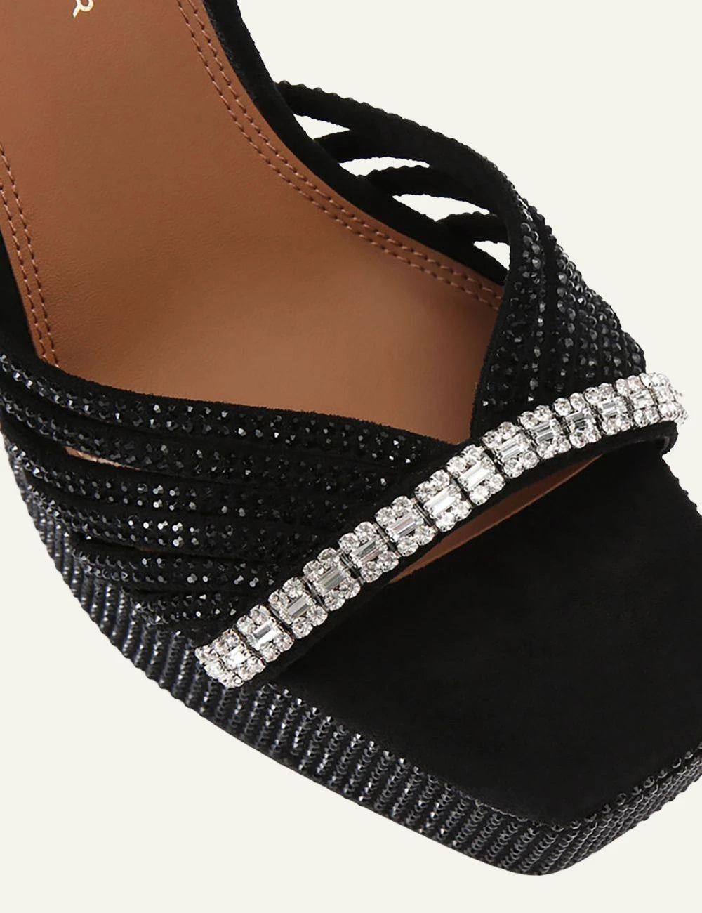 Kurt Geiger black crystal embellished platform sandals with block heel angled