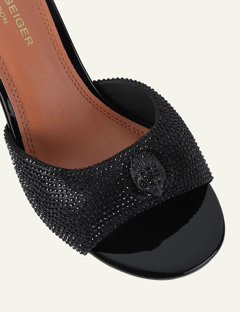 Kurt Geiger black embellished mule sandals with stiletto heel angled