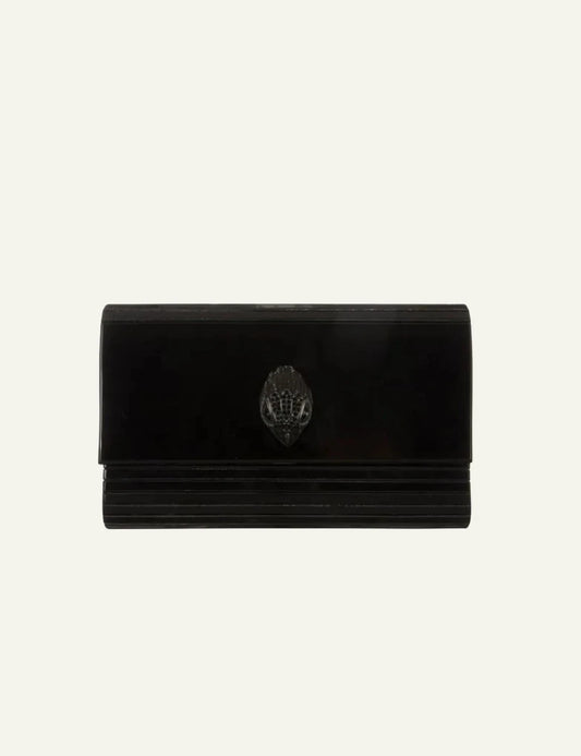 Black Kurt Geiger clutch bag with glossy finish and black eagle head clasp