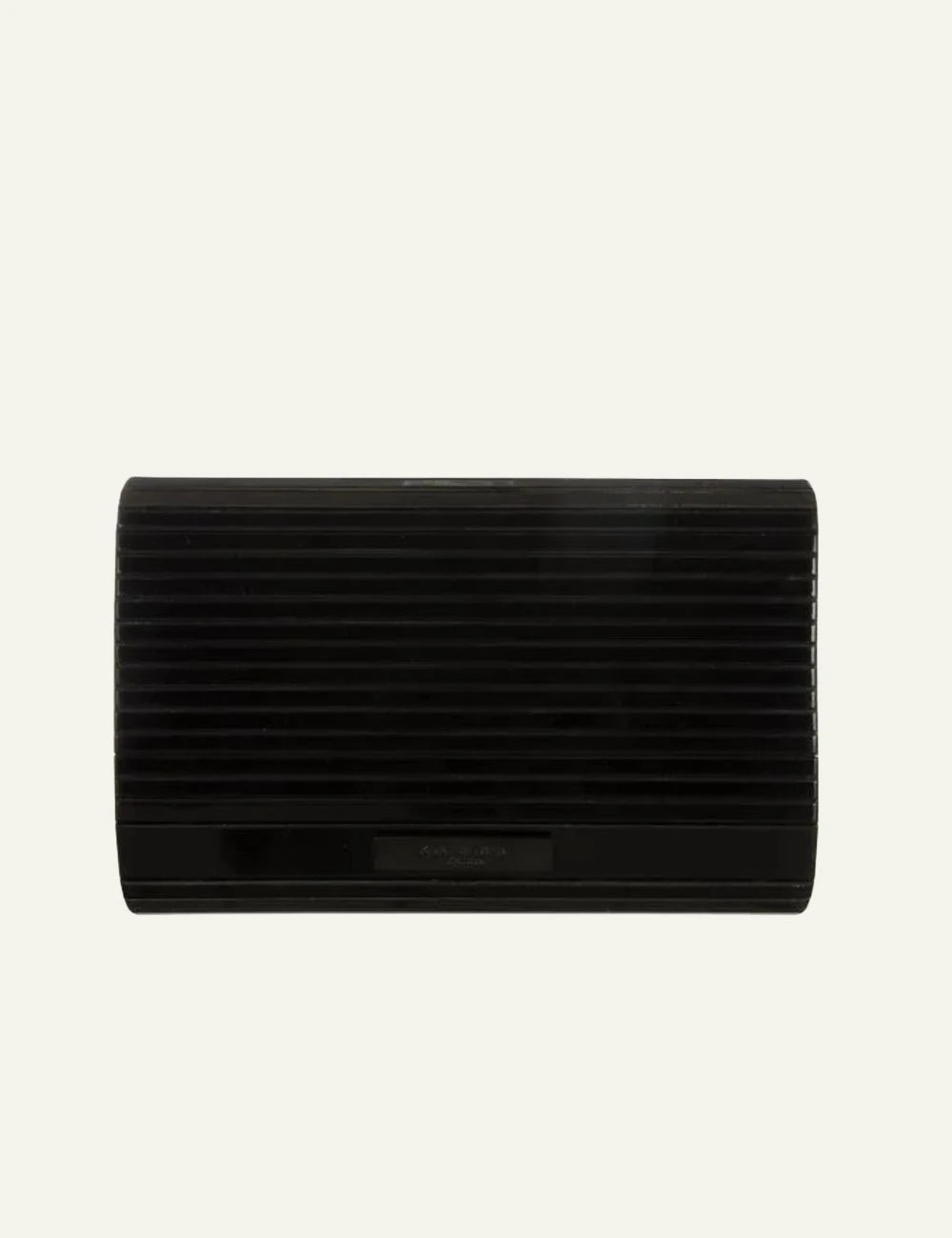 Black Kurt Geiger clutch bag with glossy finish and black eagle head clasp back