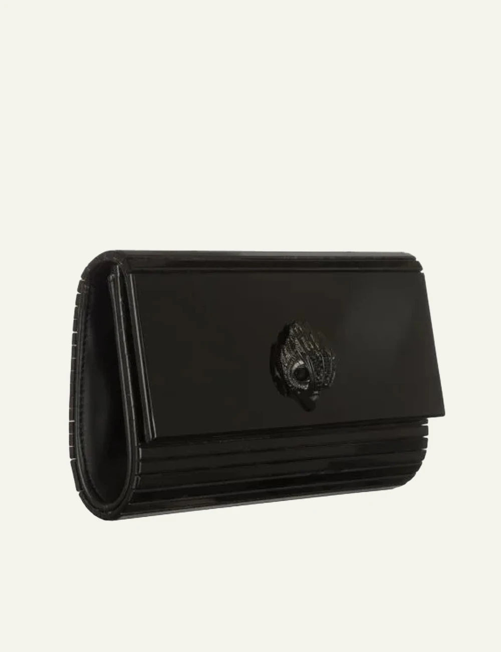 Black Kurt Geiger clutch bag with glossy finish and black eagle head clasp side