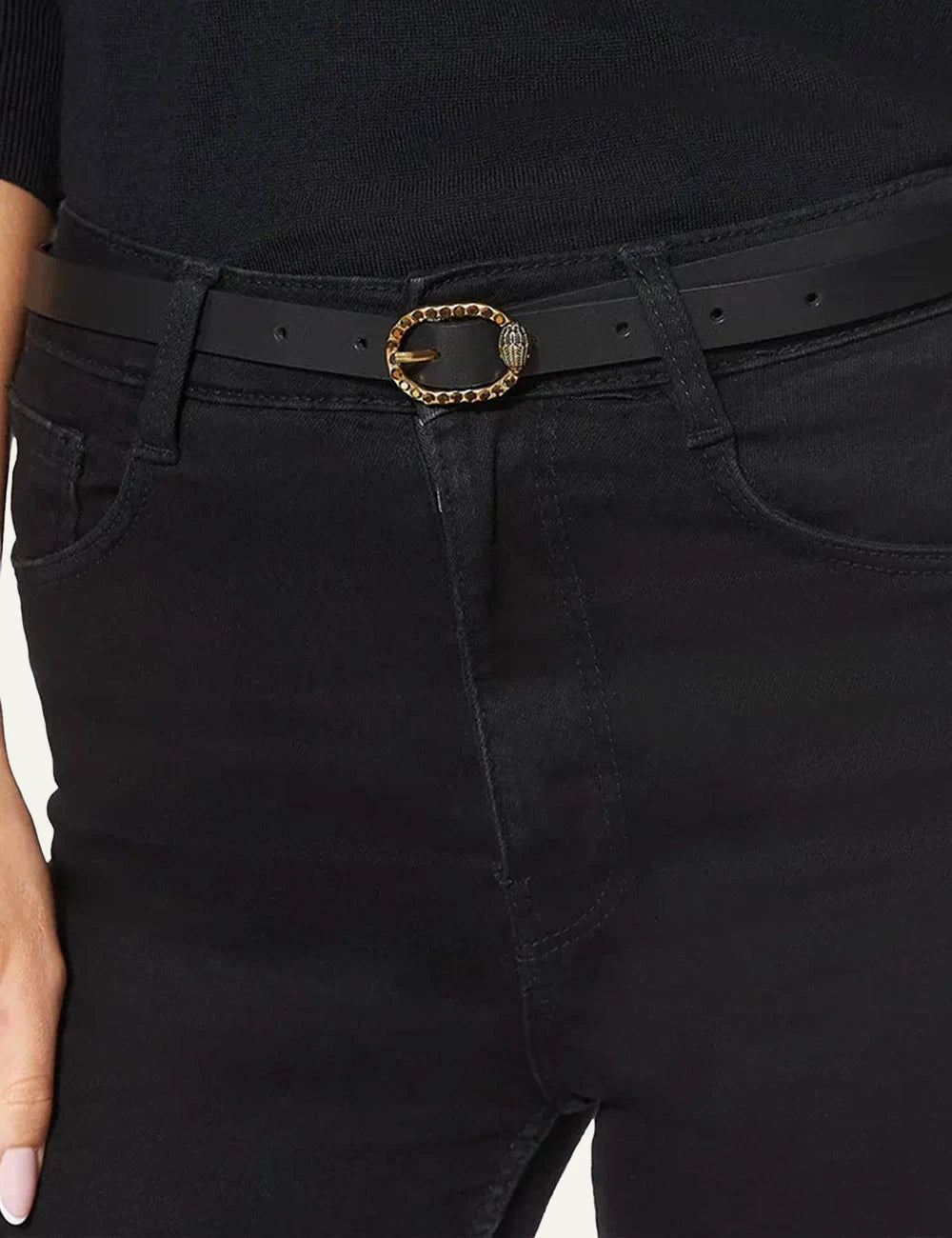 Kurt Geiger black leather belt with gold embellished buckle model