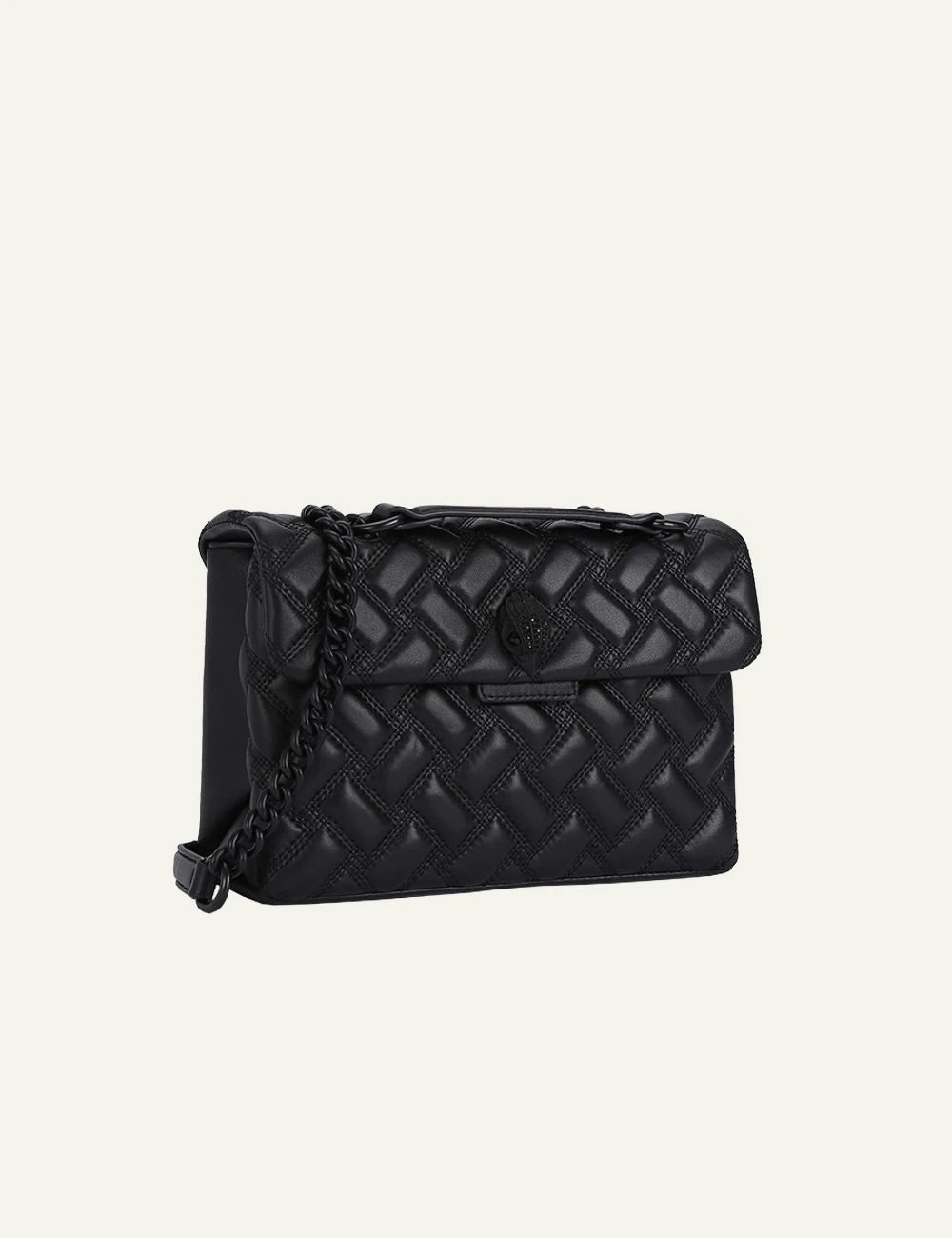 Black leather quilted Kurt Geiger shoulder bag with black chain strap and eagle head clasp side