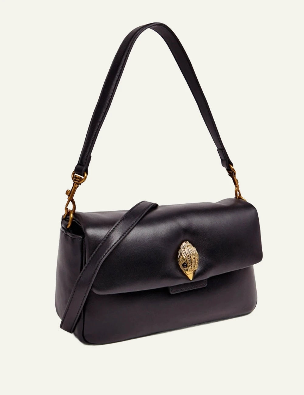 Black leather Kurt Geiger shoulder bag with eagle head clasp and detachable crossbody strap side