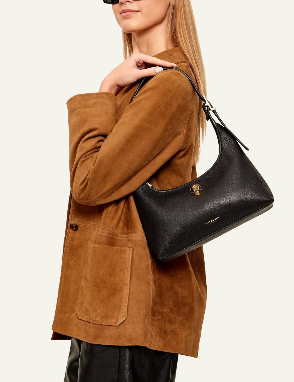 kurt geiger black leather shoulder bag eagle head detail front model view