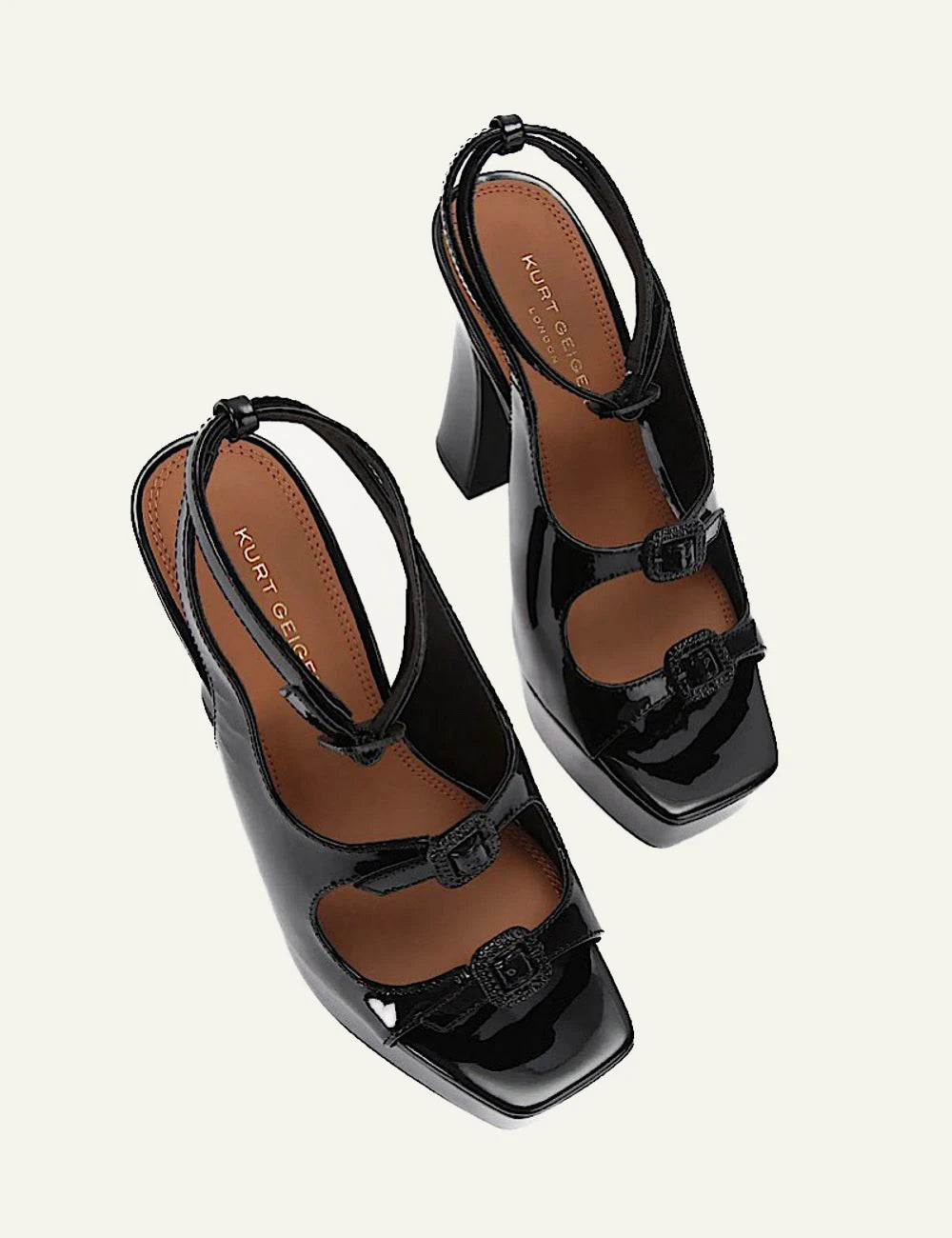 Kurt Geiger black patent platform sandals with bow details and block heel top