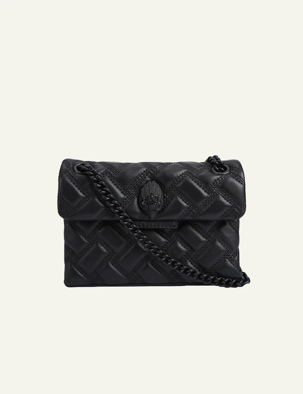 Black quilted Kurt Geiger crossbody bag with black chain strap and eagle head clasp