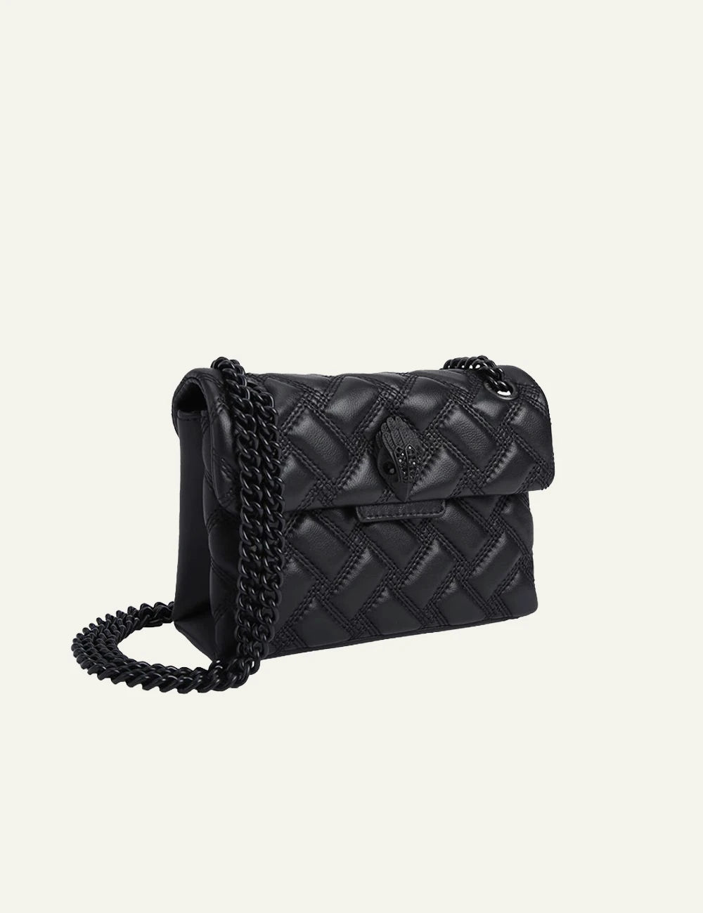 Black quilted Kurt Geiger crossbody bag with black chain strap and eagle head clasp side