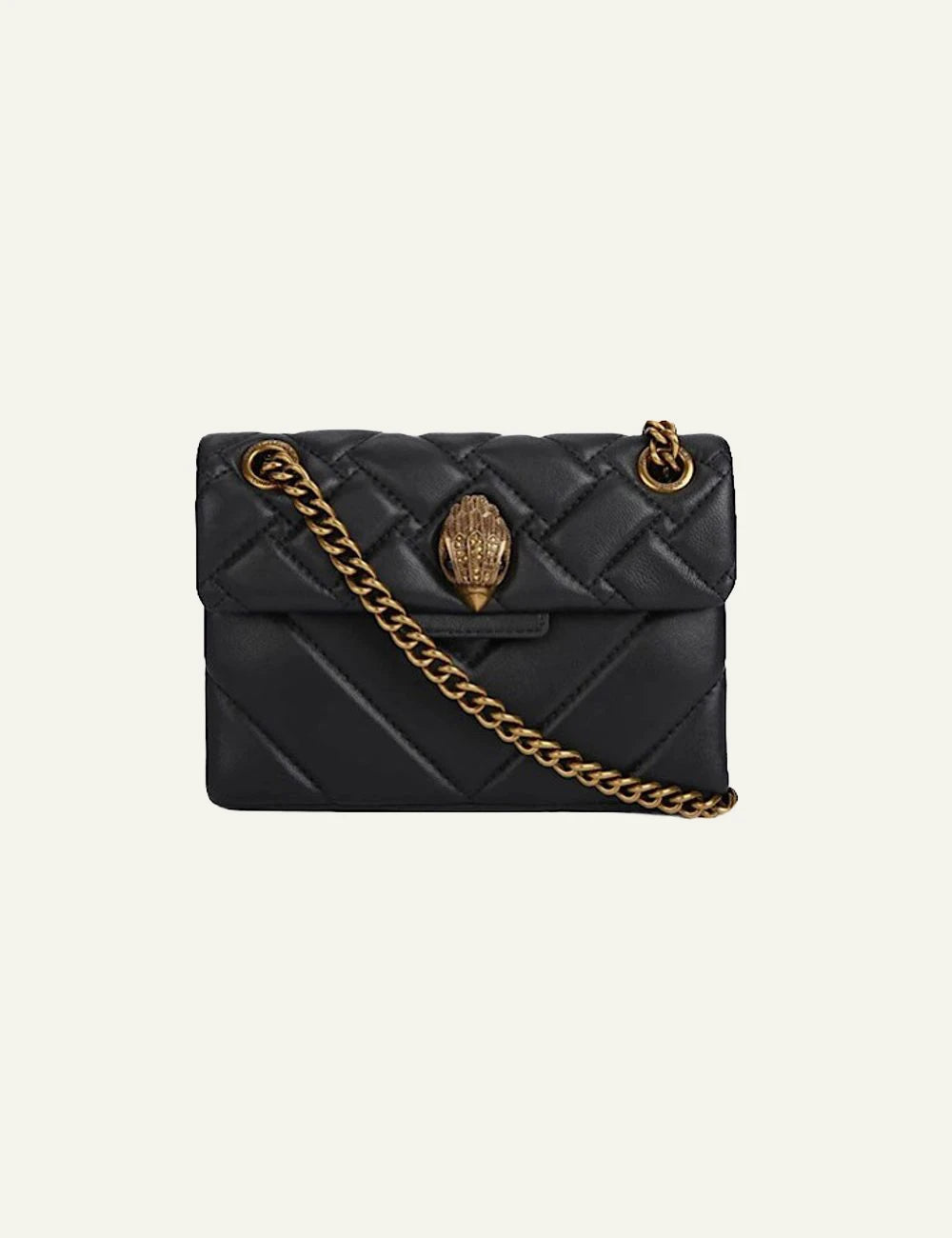 Black quilted leather Kurt Geiger crossbody bag with gold chain strap and eagle head clasp