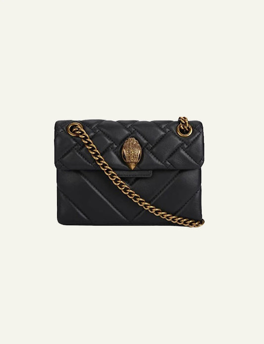 Black quilted leather Kurt Geiger crossbody bag with gold chain strap and eagle head clasp