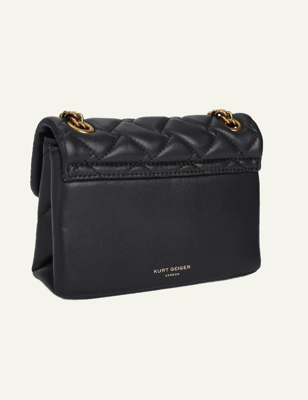 Black quilted leather Kurt Geiger crossbody bag with gold chain strap and eagle head clasp back
