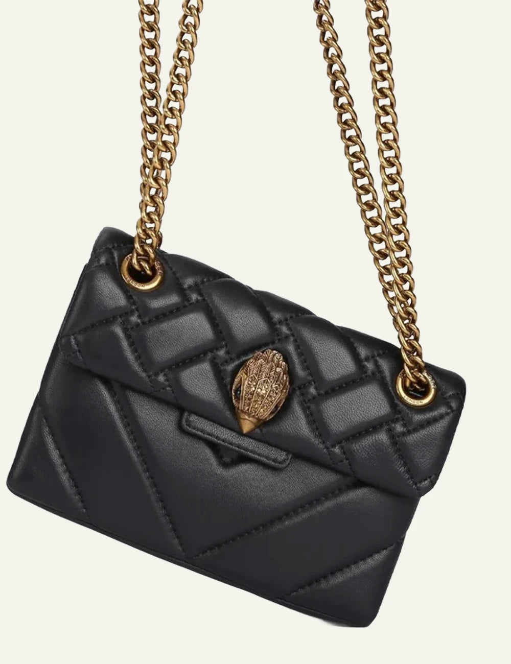 Black quilted leather Kurt Geiger crossbody bag with gold chain strap and eagle head clasp full