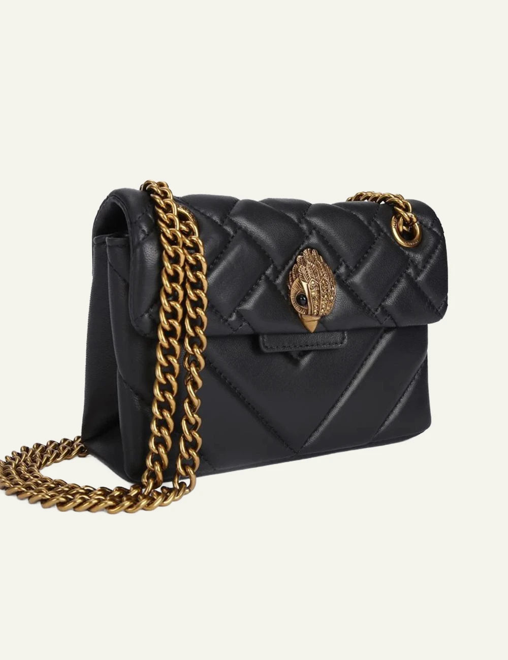 Black quilted leather Kurt Geiger crossbody bag with gold chain strap and eagle head clasp side