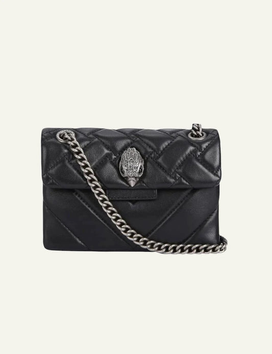 Black quilted leather Kurt Geiger crossbody bag with silver chain strap and eagle head clasp