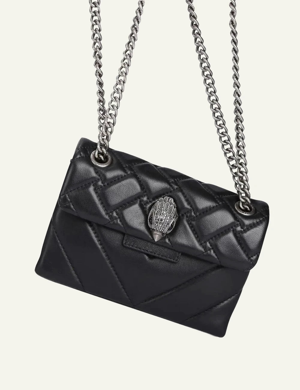 Black quilted leather Kurt Geiger crossbody bag with silver chain strap and eagle head clasp full